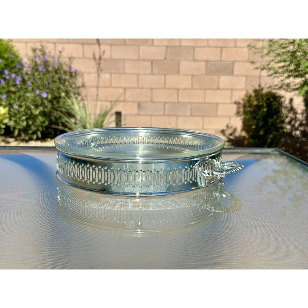 International Silver Co Silver Plated Ring Pie Holder Anchor Hocking Glass Dish